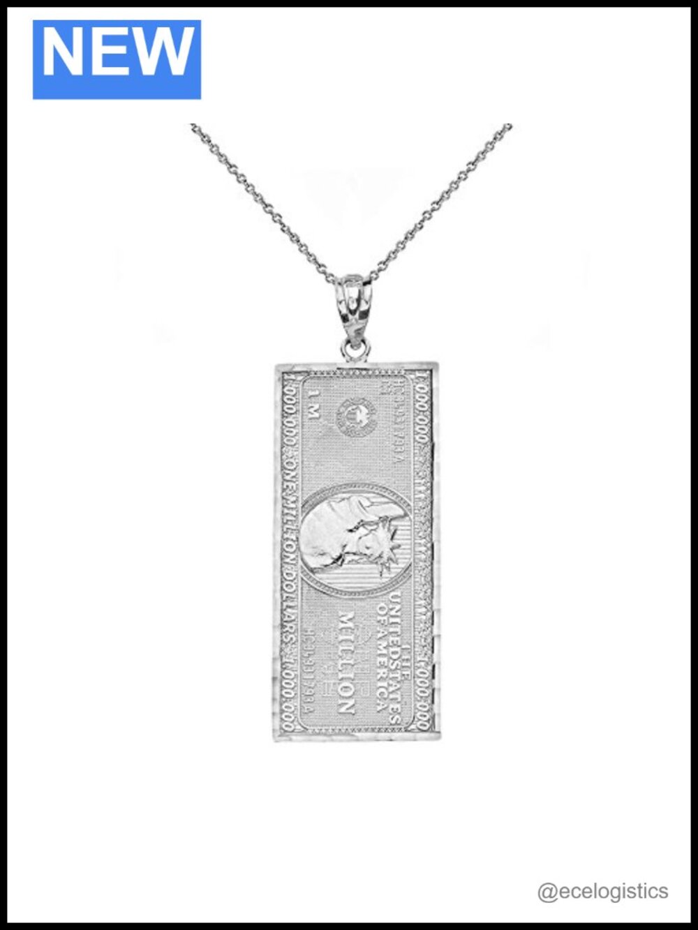 925 Sterling Silver Million Dollar Bill Pendant Necklace 20" Rolo Chain